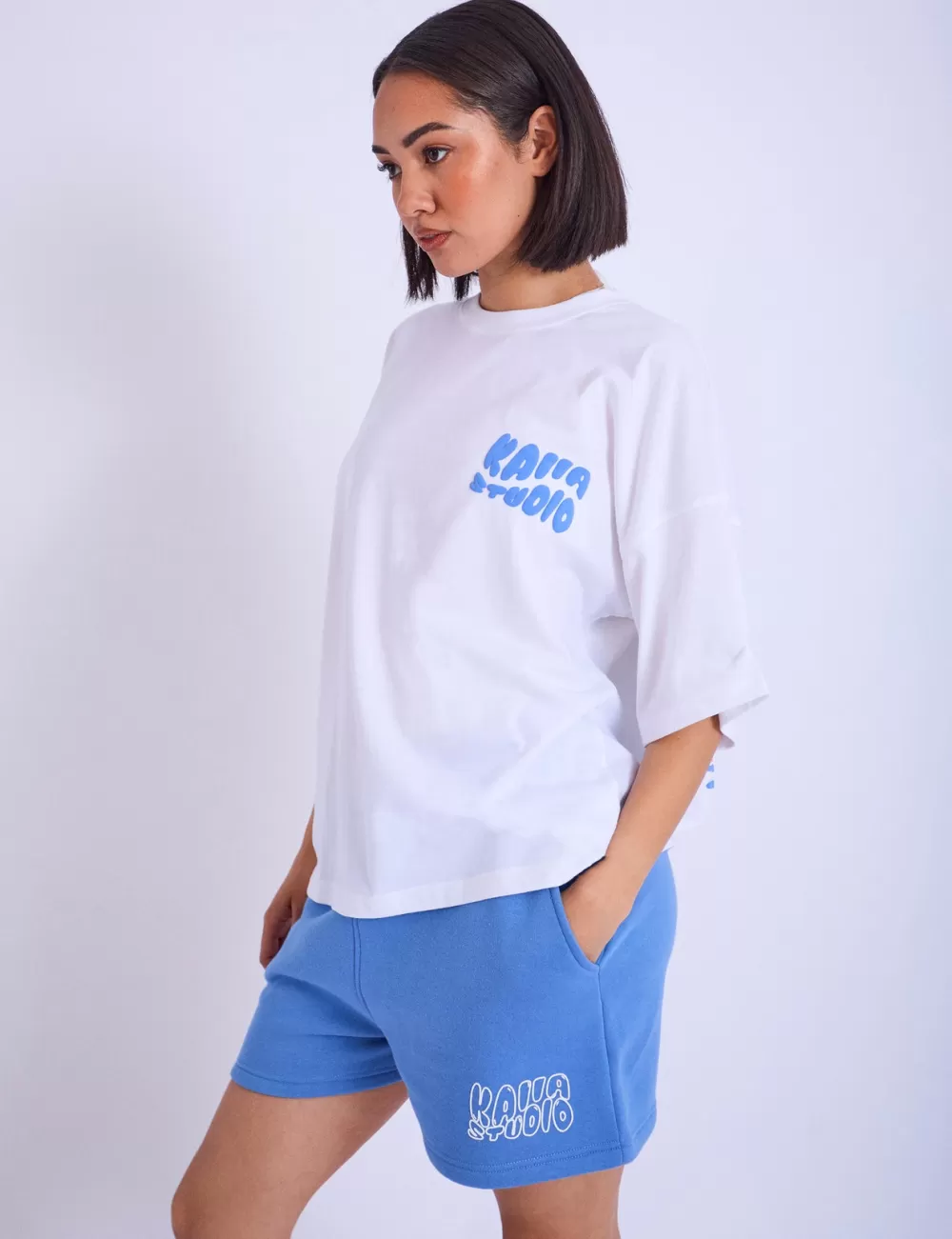 New Public Desire Kaiia Studio Palm Tree Bubble Logo Oversized T-shirt & Blue White