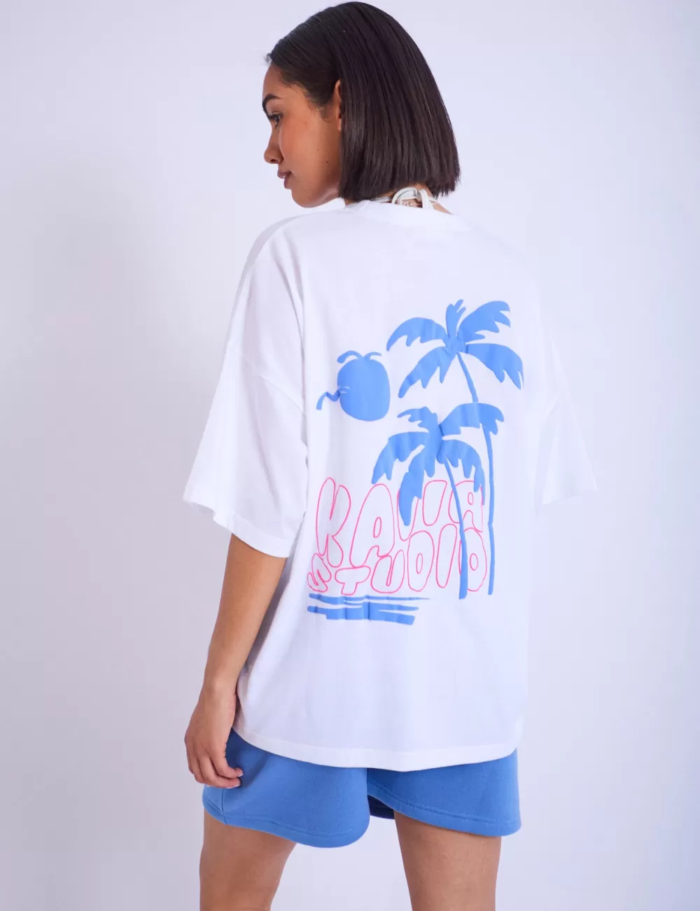 New Public Desire Kaiia Studio Palm Tree Bubble Logo Oversized T-shirt & Blue White