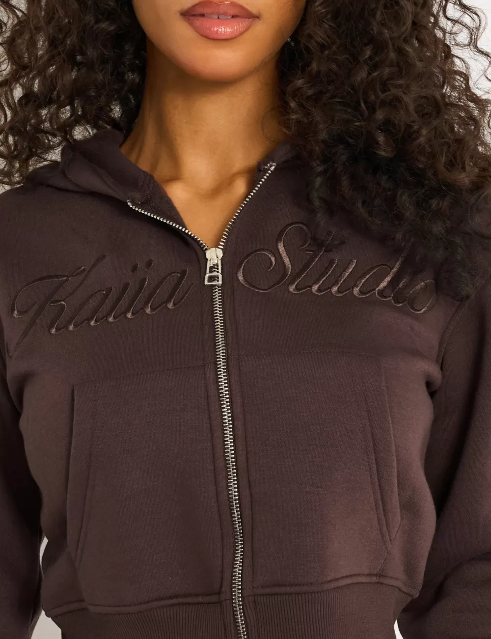 Online Public Desire Kaiia Studio Script Logo Cropped Zip Up Hoodie Mocha