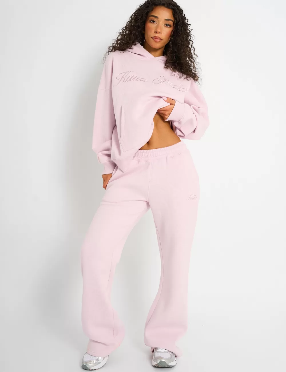 Fashion Public Desire Kaiia Studio Script Logo Wide Leg Joggers Chai Pink