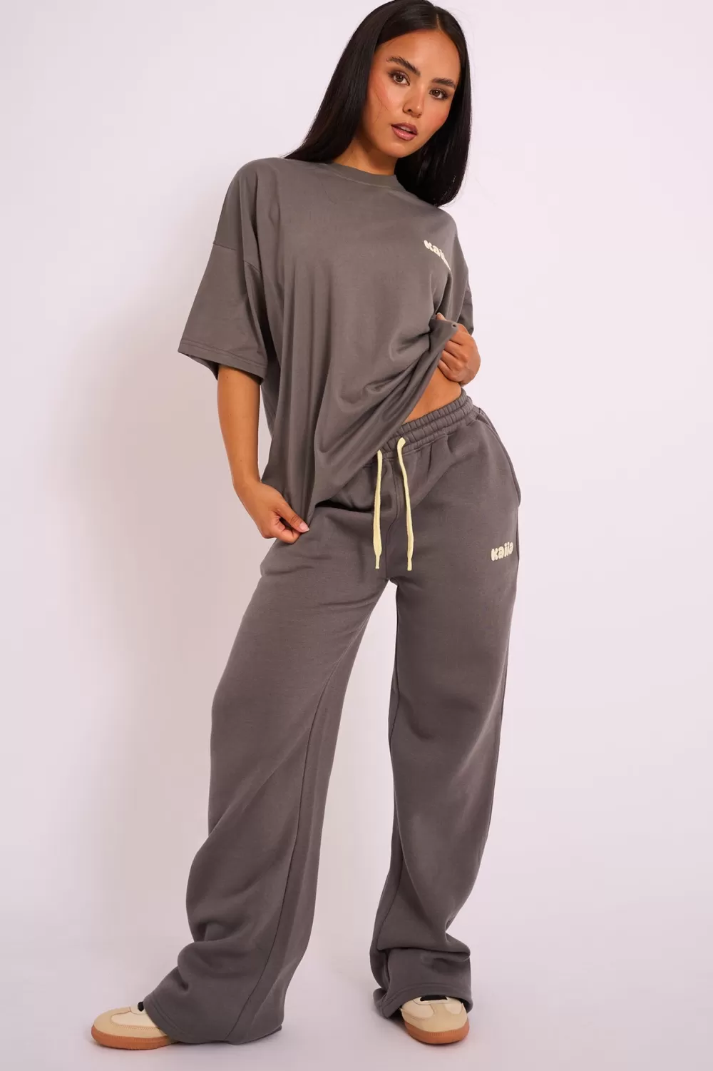 Flash Sale Public Desire Kaiia Studio Wide Leg Joggers Dark Grey Dark_grey_yellow