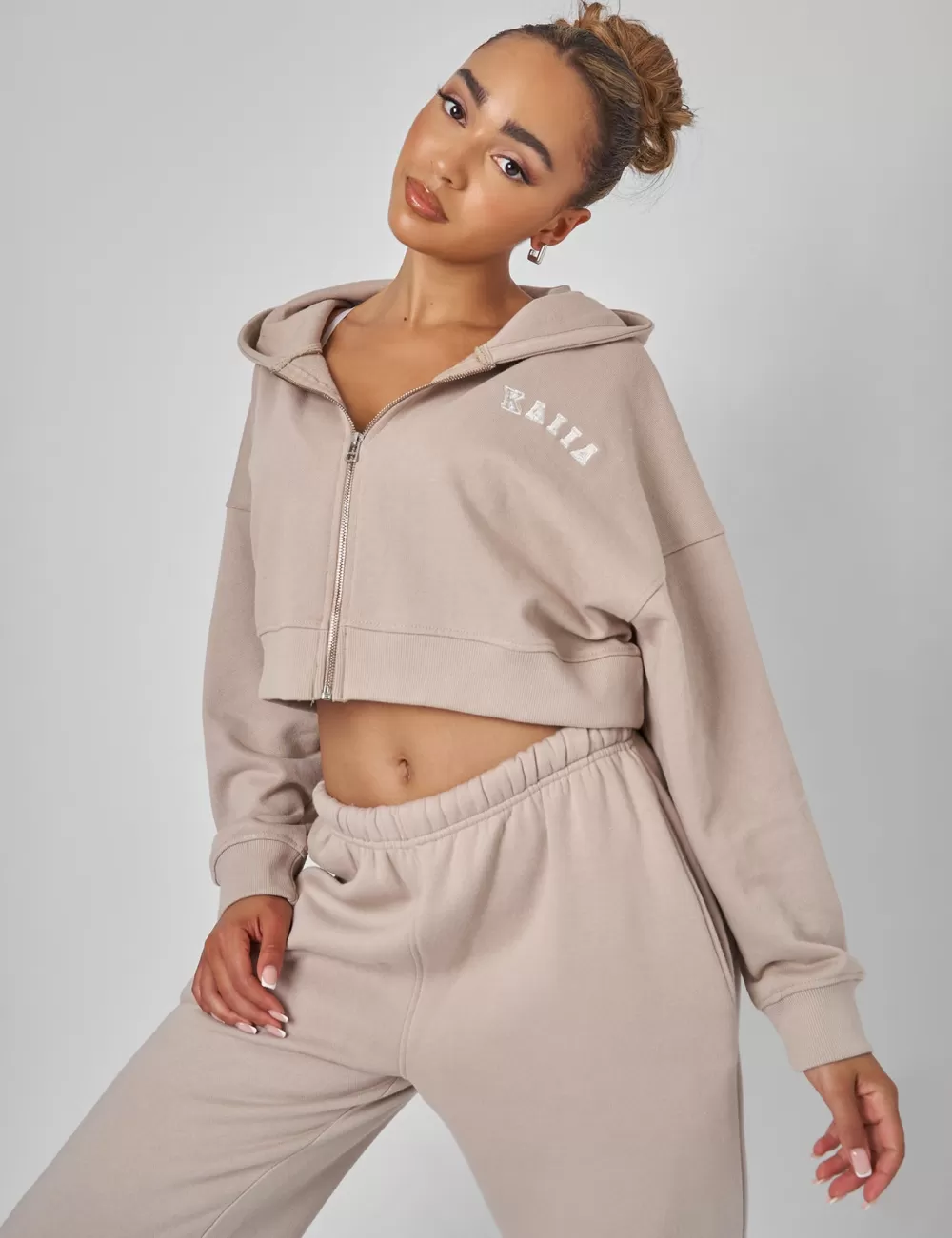 Outlet Public Desire Kaiia Zip Through Cropped Hoodie Stone Neutral