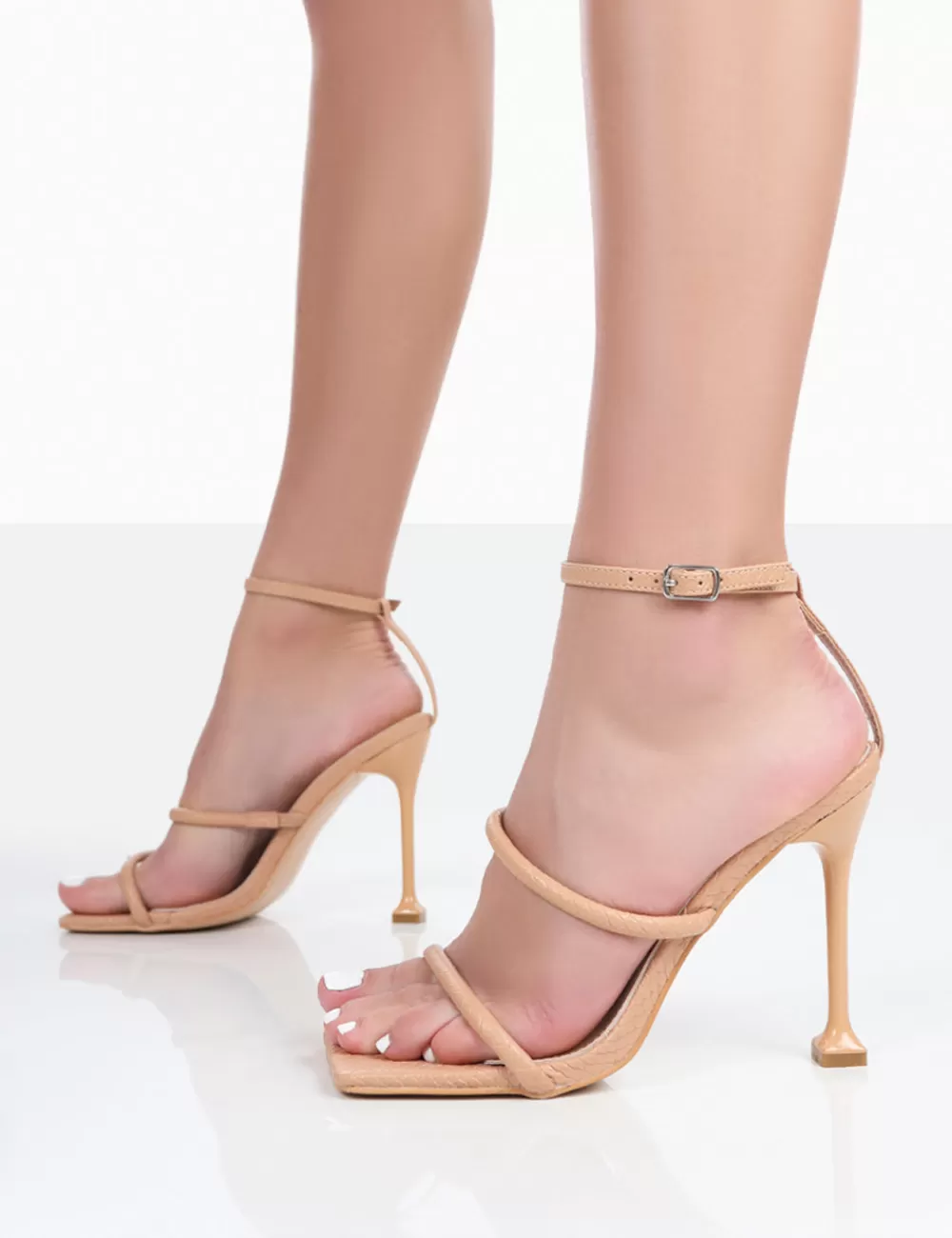 Cheap Public Desire Kallipo Nude Reptile Pu Strappy Square Toe Heels Neutral