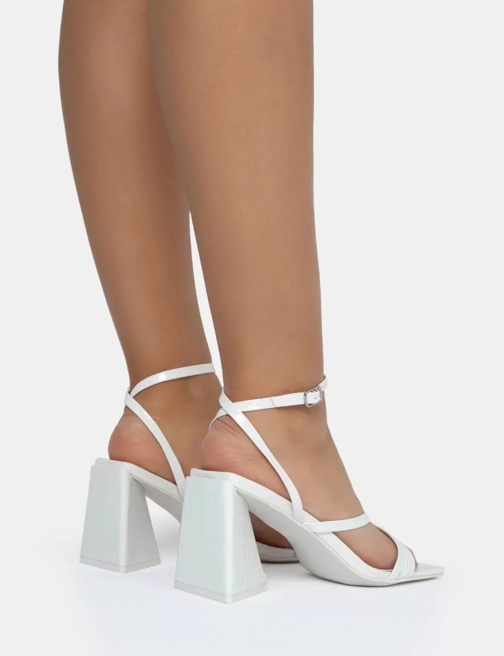 Shop Public Desire Kasia Croc Strappy Square Toe Mid Flared Block Heels White
