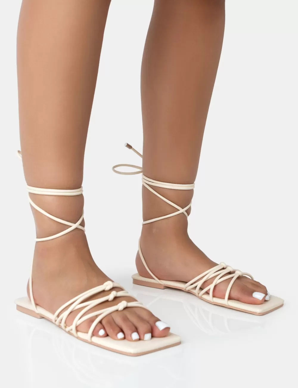 Fashion Public Desire Kelly Ecru PU Lace Up Flat Square Toe Sandals Neutral