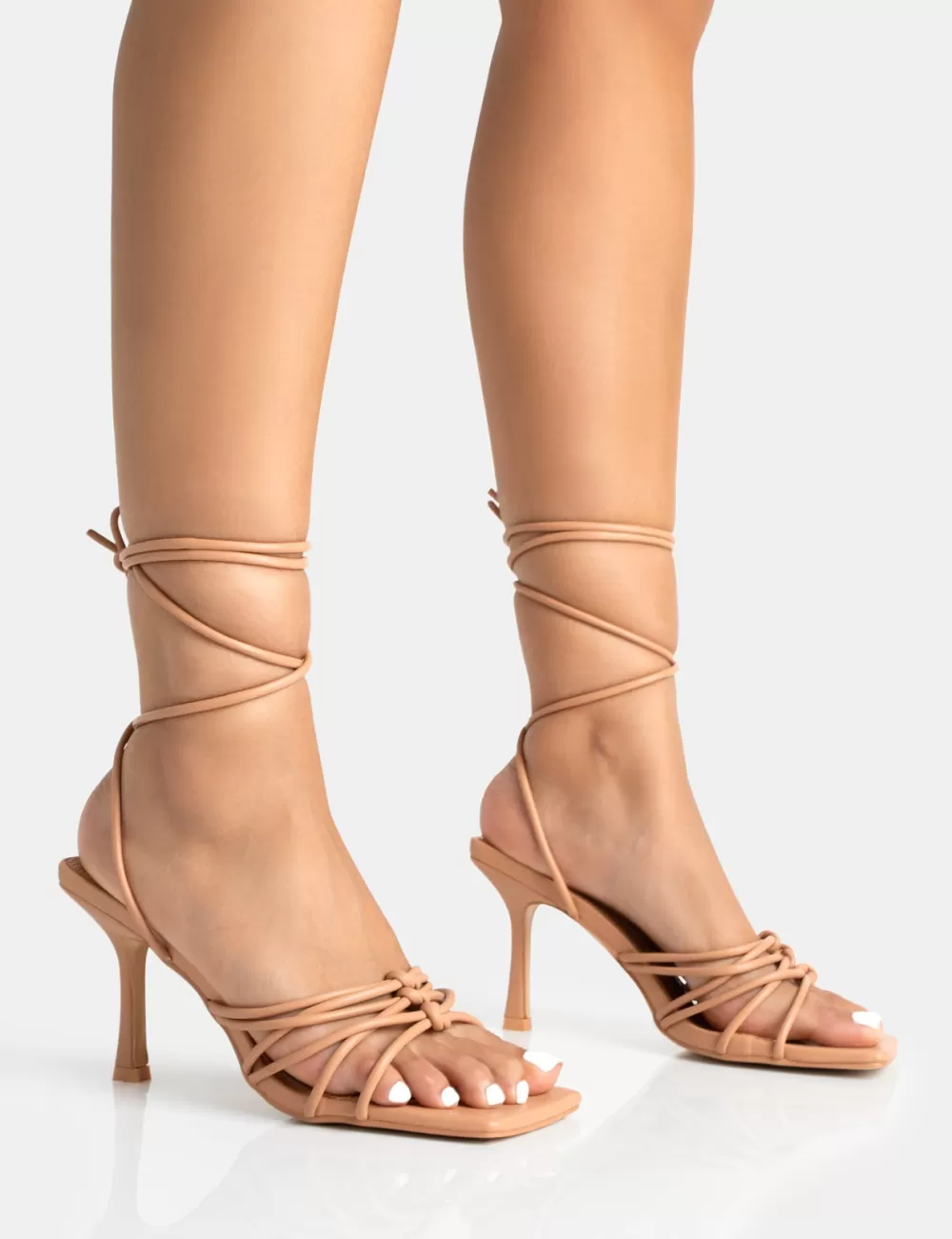 New Public Desire Keri Wide Fit Nude Pu Strappy Lace Up Mid Heels Neutral