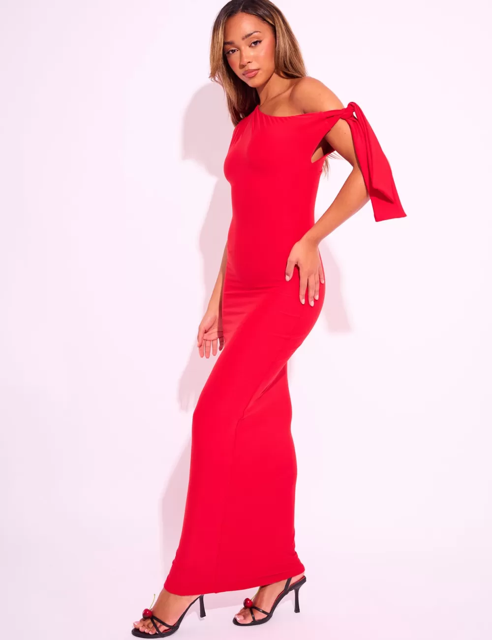 Cheap Public Desire Knot Detail Asymmetric One Shoulder Luxe Slinky Maxi Dress Red