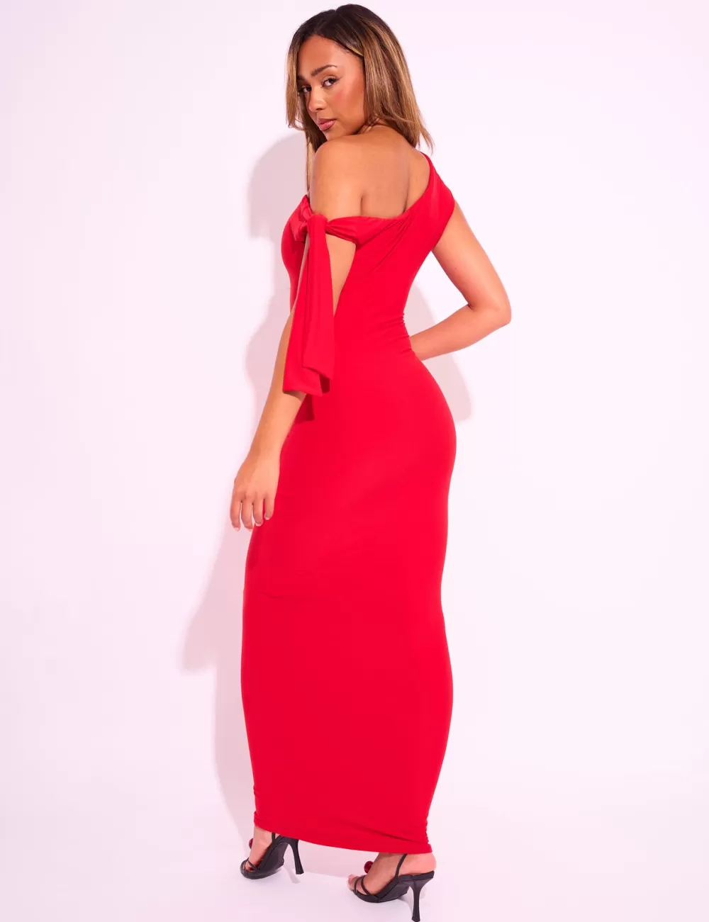 Cheap Public Desire Knot Detail Asymmetric One Shoulder Luxe Slinky Maxi Dress Red