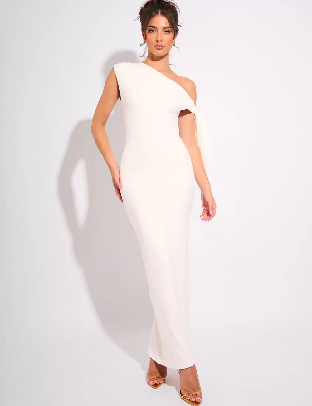 Cheap Public Desire Knot Detail Asymmetric One Shoulder Luxe Slinky Maxi Dress White