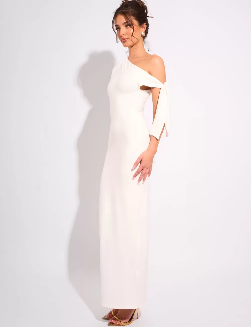 Cheap Public Desire Knot Detail Asymmetric One Shoulder Luxe Slinky Maxi Dress White