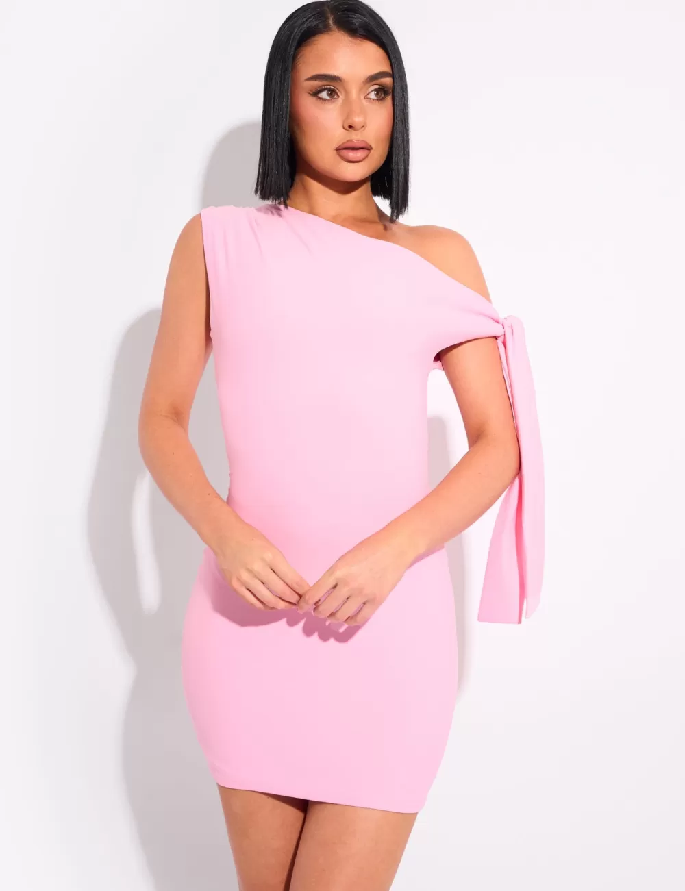 Sale Public Desire Knot Detail Asymmetric One Shoulder Luxe Slinky Mini Dress Pink
