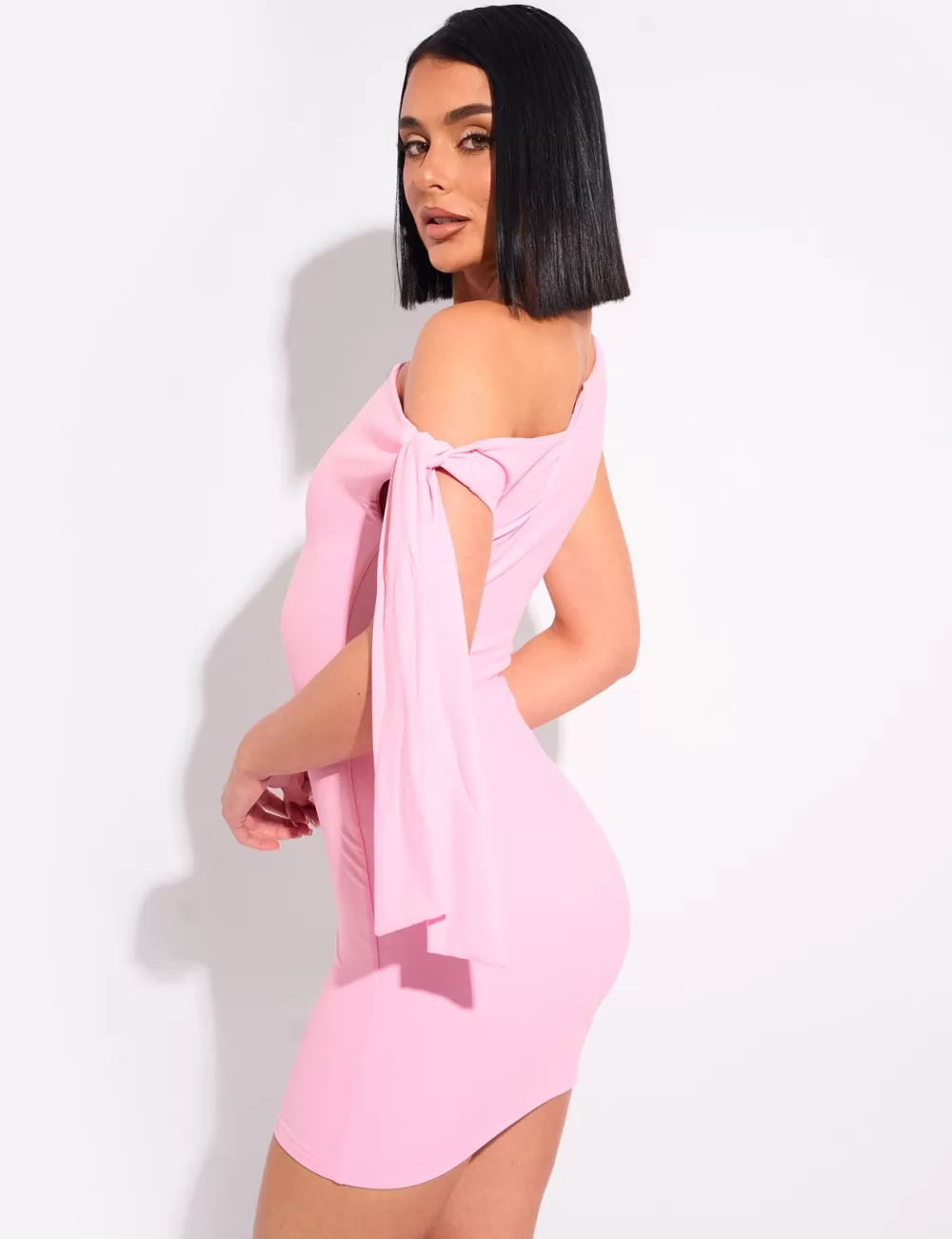 Sale Public Desire Knot Detail Asymmetric One Shoulder Luxe Slinky Mini Dress Pink