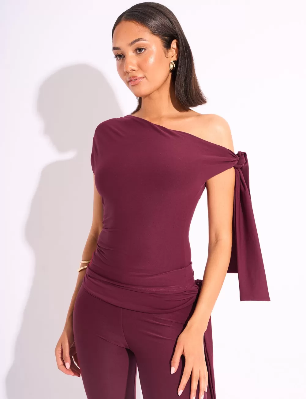 Shop Public Desire Knot Detail Asymmetric One Shoulder Luxe Slinky Top Burgundy