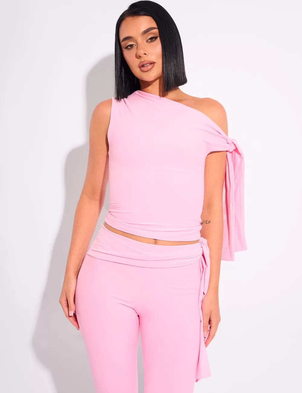 Shop Public Desire Knot Detail Asymmetric One Shoulder Luxe Slinky Top Pink