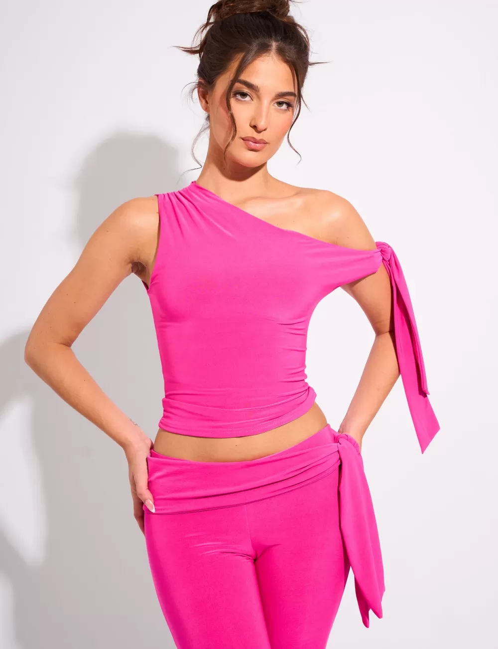 Outlet Public Desire Knot Detail Asymmetric One Shoulder Slinky Top Hot Pink