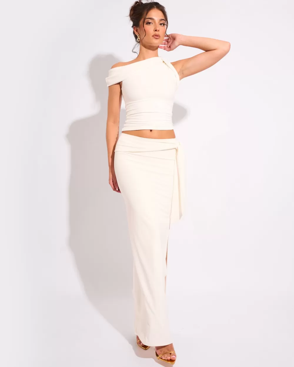 New Public Desire Knot Detail Luxe Slinky Maxi Skirt White