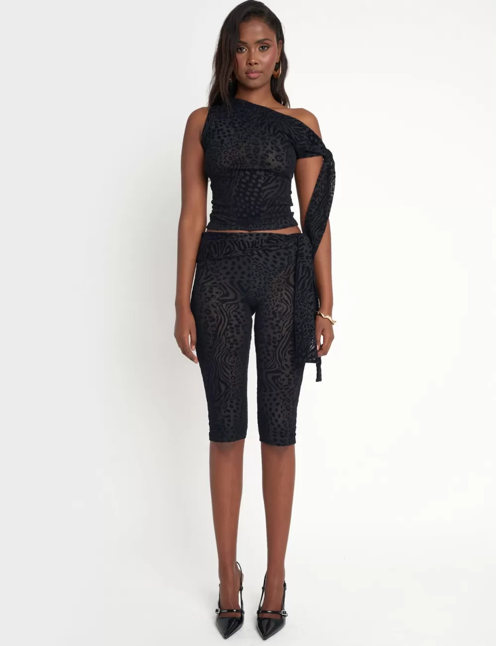 Online Public Desire Knot Detail Tie Side Leopard Devore Capri Pants Black