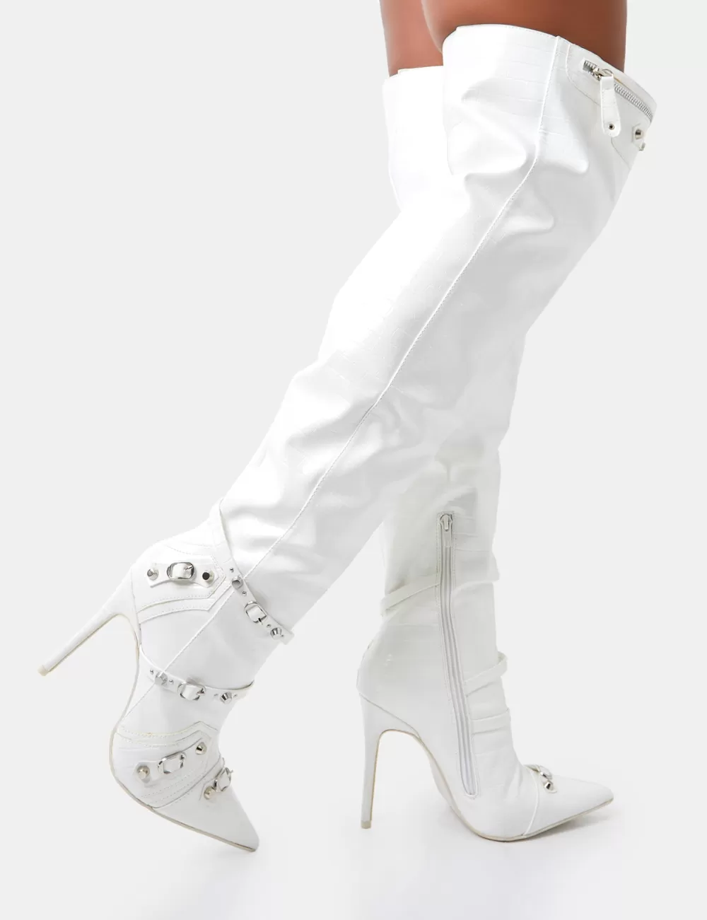 Flash Sale Public Desire Kodak Croc Pointed Toe Zip Detail Over The Knee Boots White