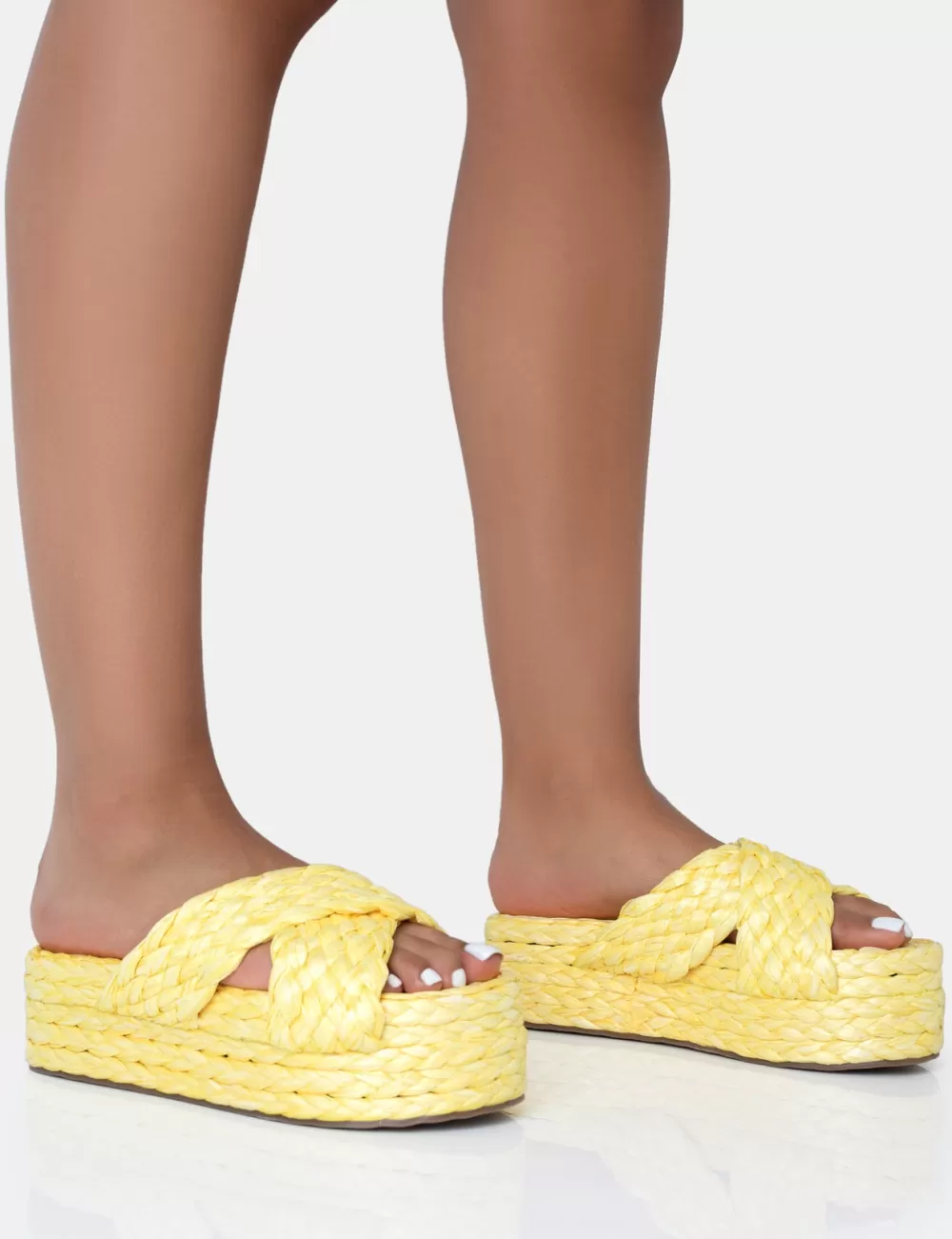 Best Sale Public Desire Kos Raffia Cross Over Strap Slip On Flatform Sandals Yellow
