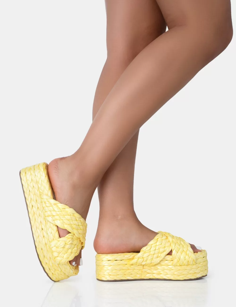 Best Sale Public Desire Kos Raffia Cross Over Strap Slip On Flatform Sandals Yellow