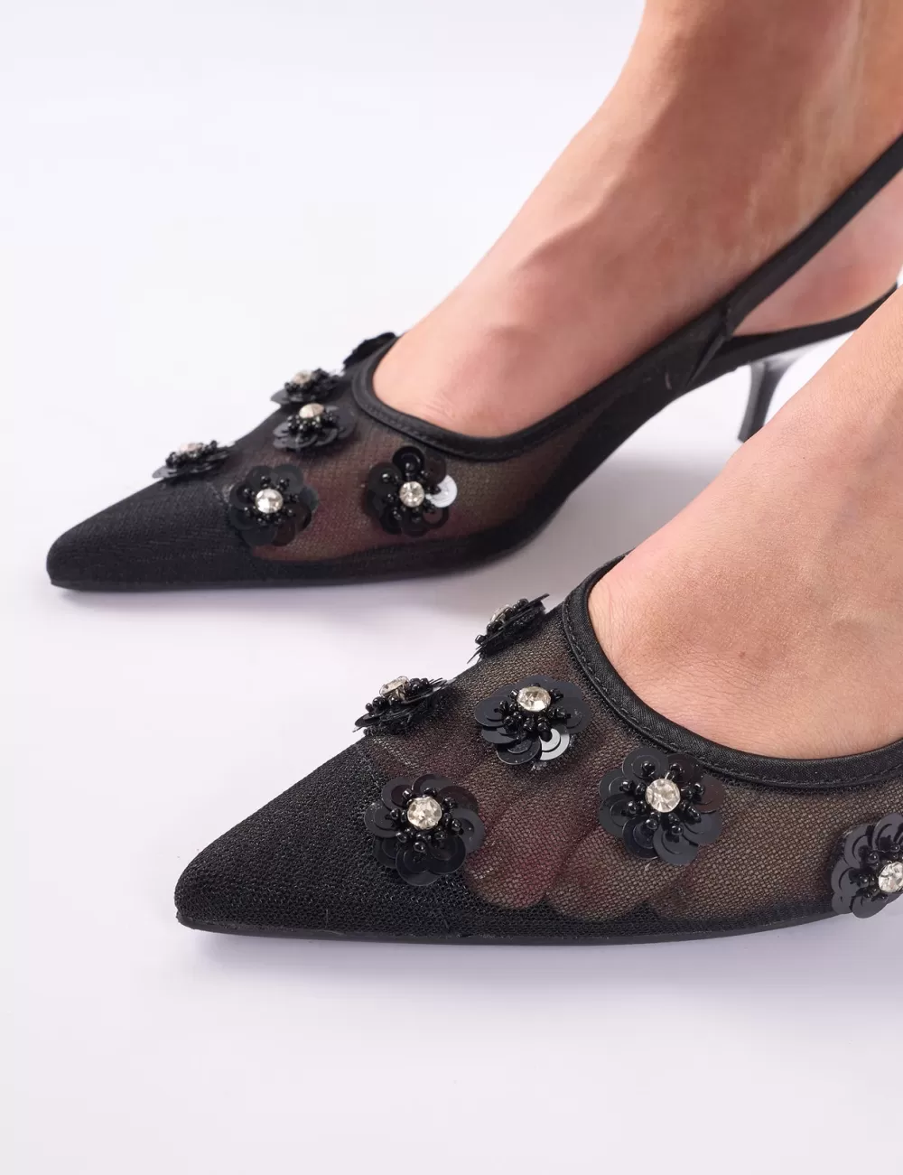 Best Public Desire Kyle Floral Embellishment Mesh Slingback Kitten Heel Court Shoes Black