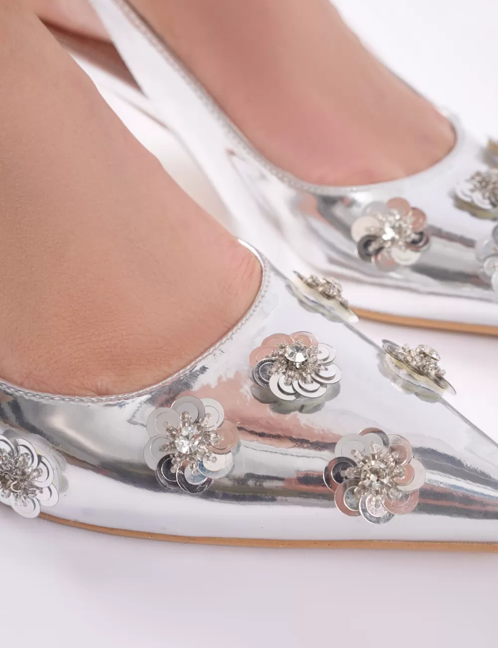 Flash Sale Public Desire Kyle Floral Embellishment Mirror Slingback Kitten Heel Court Shoes Silver