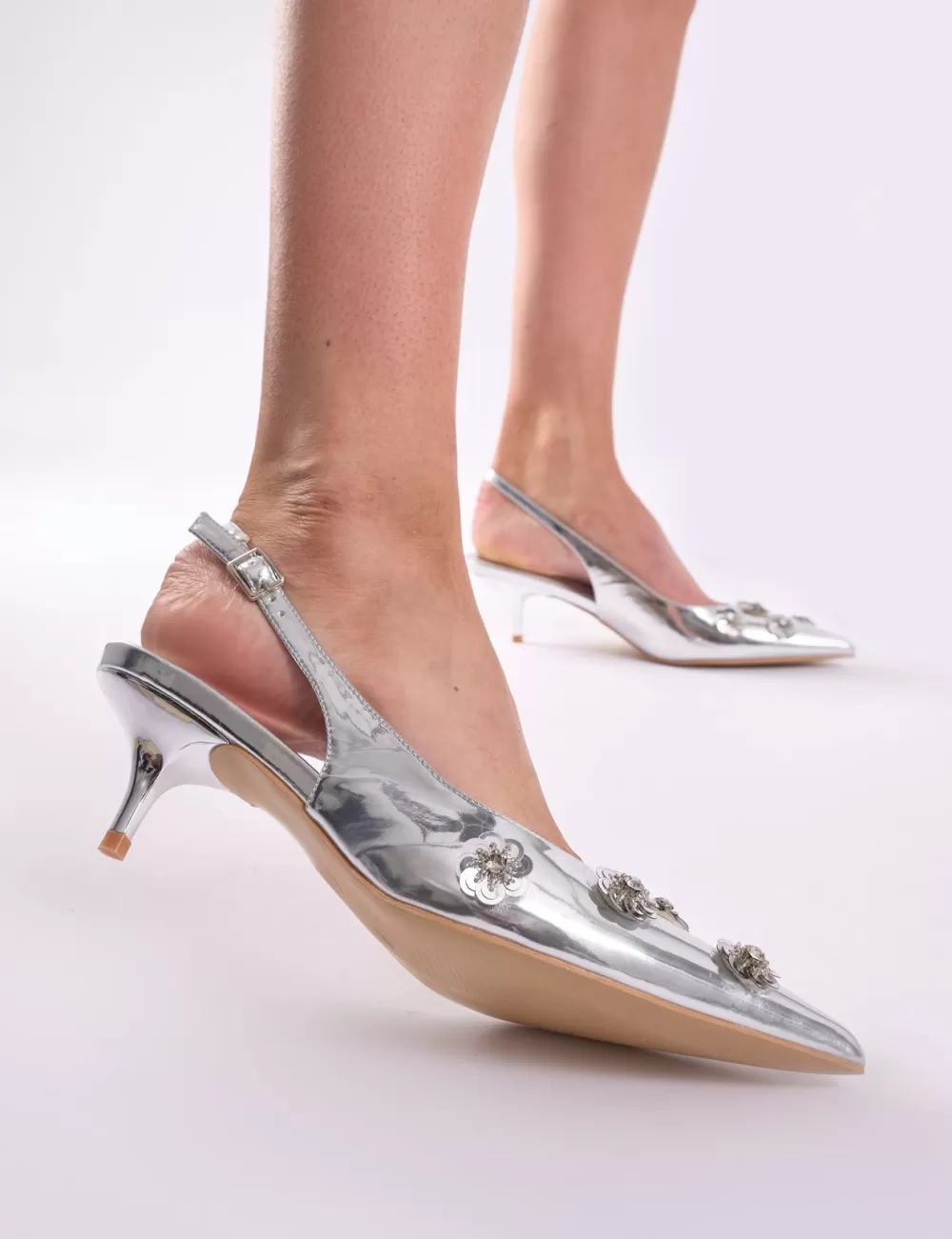 Flash Sale Public Desire Kyle Floral Embellishment Mirror Slingback Kitten Heel Court Shoes Silver