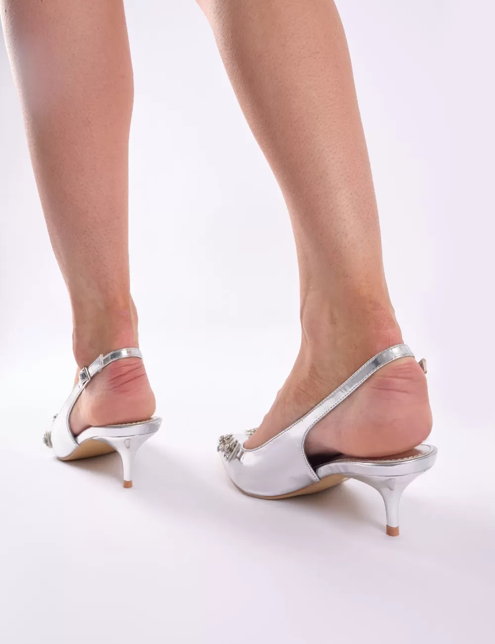 Flash Sale Public Desire Kyle Floral Embellishment Mirror Slingback Kitten Heel Court Shoes Silver