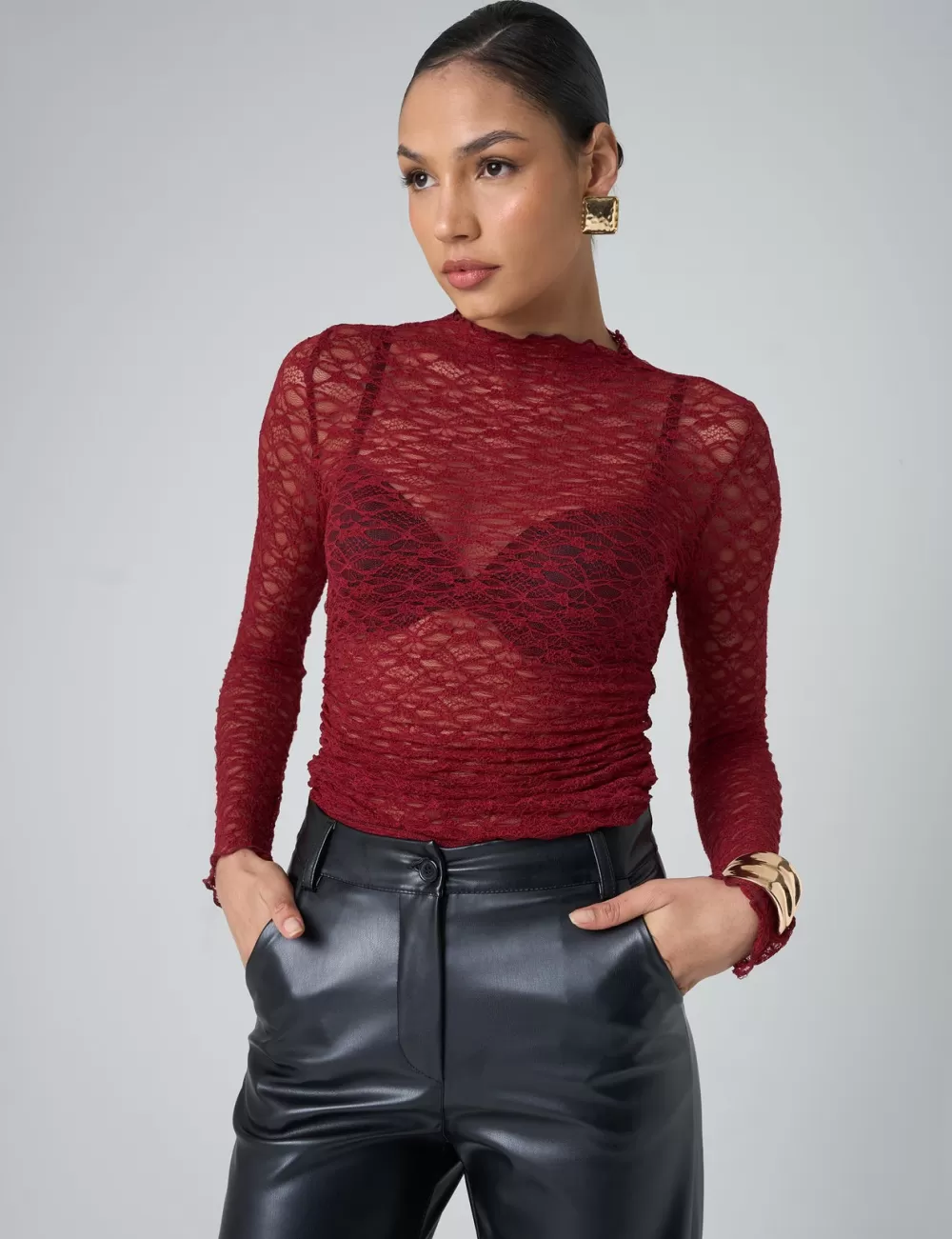 Clearance Public Desire Lace Long Sleeve Top Burgundy