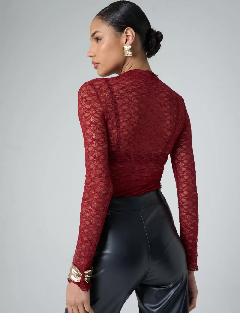 Clearance Public Desire Lace Long Sleeve Top Burgundy