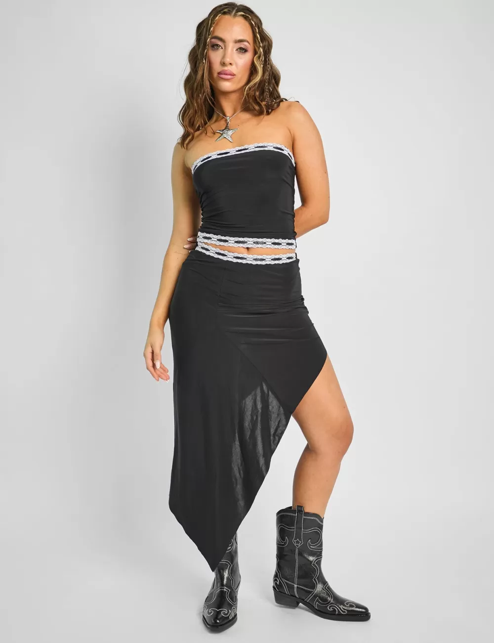 Outlet Public Desire Lace Trim Midi Skirt Co-ord Black