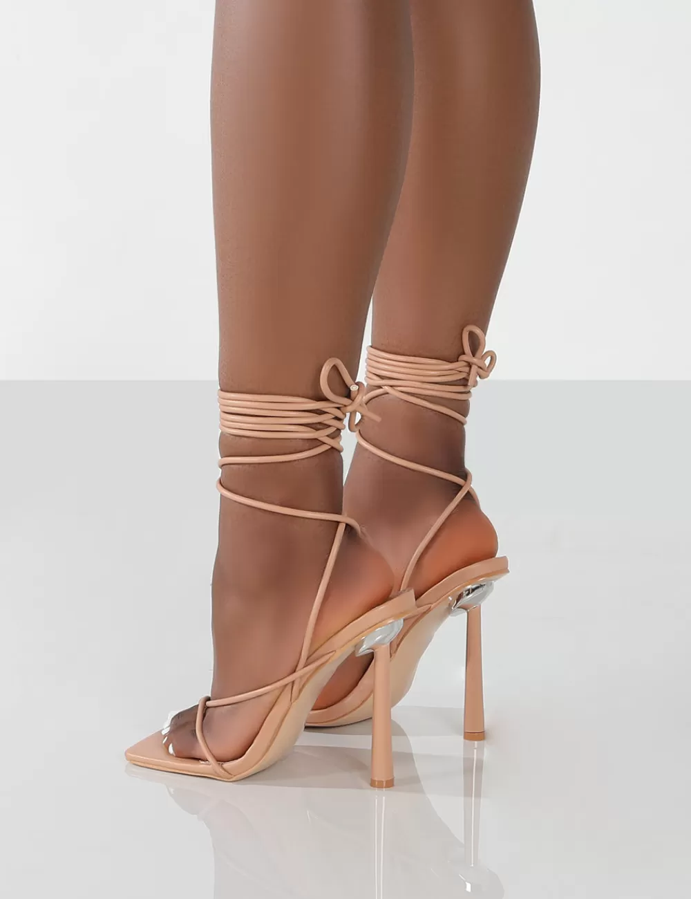 Best Sale Public Desire Lacey PU Square Toe Strappy Lace Up Stiletto Heels Nude