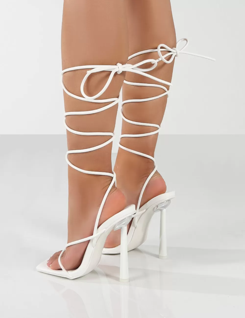 Hot Public Desire Lacey Square Toe Strappy Lace Up Stiletto Heels White