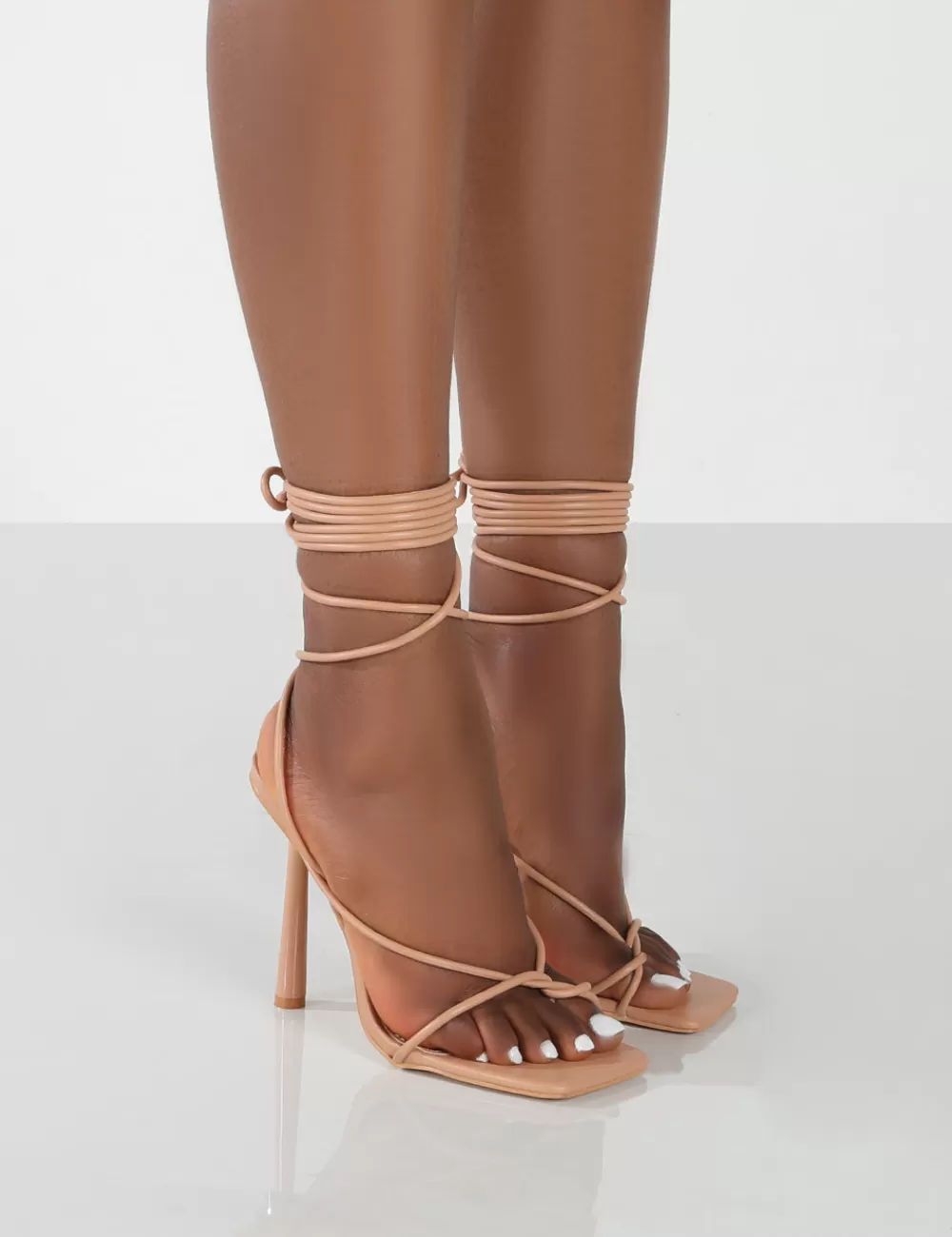New Public Desire Lacey Wide Fit Nude PU Square Toe Strappy Lace Up Stiletto Heels Neutral