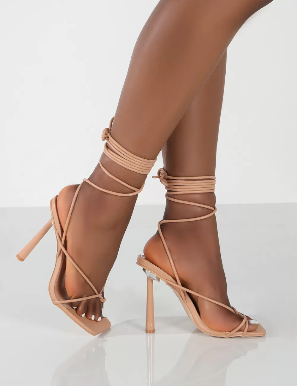 New Public Desire Lacey Wide Fit Nude PU Square Toe Strappy Lace Up Stiletto Heels Neutral