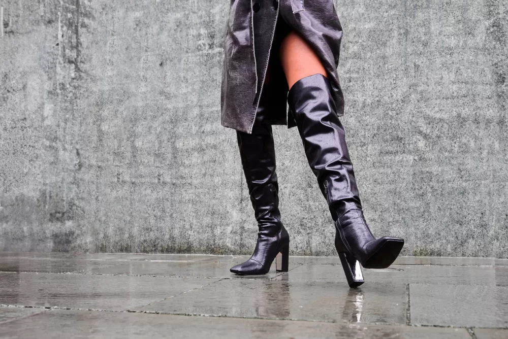 Shop Public Desire Lasta Pu Rounded Square Toe Block Heeled Over The Knee Boots Black