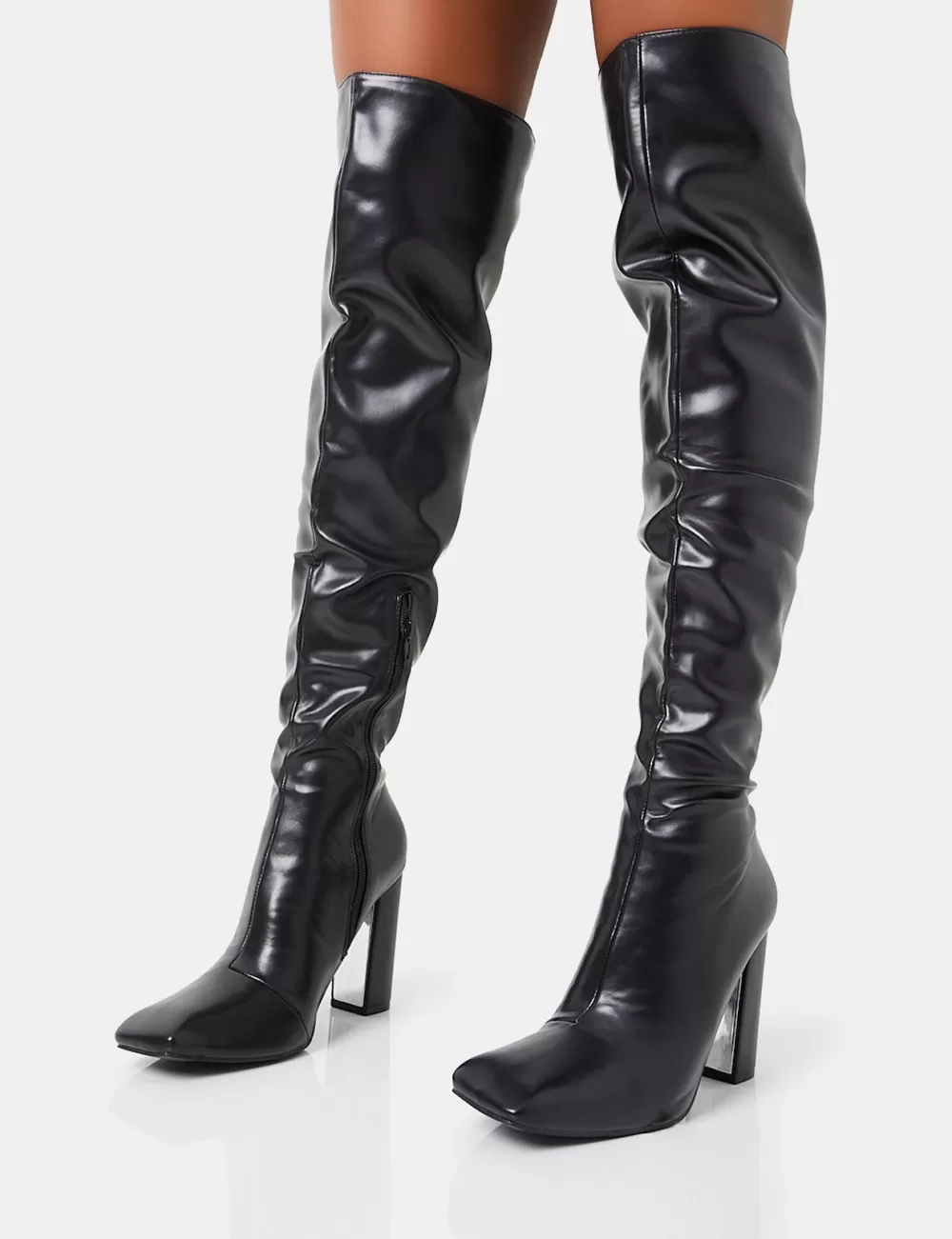 Shop Public Desire Lasta Pu Rounded Square Toe Block Heeled Over The Knee Boots Black