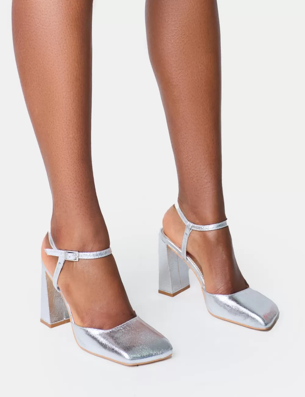 New Public Desire Leighton Cracked Slant Toe Block Heels Silver