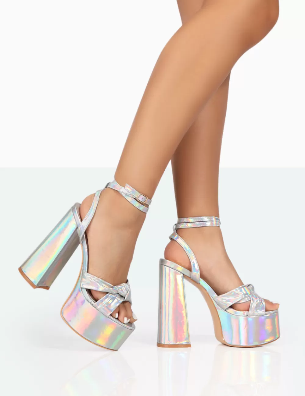 Discount Public Desire Leo Edition Silver Holographic Platform High Heels Metallic