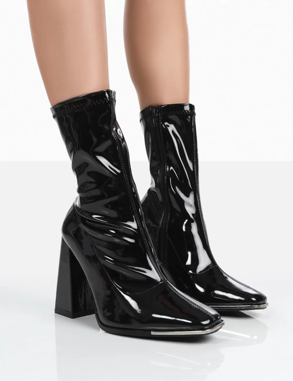 Shop Public Desire Liberty Wide Fit Patent Sock Block Heeled Ankle Boots Black