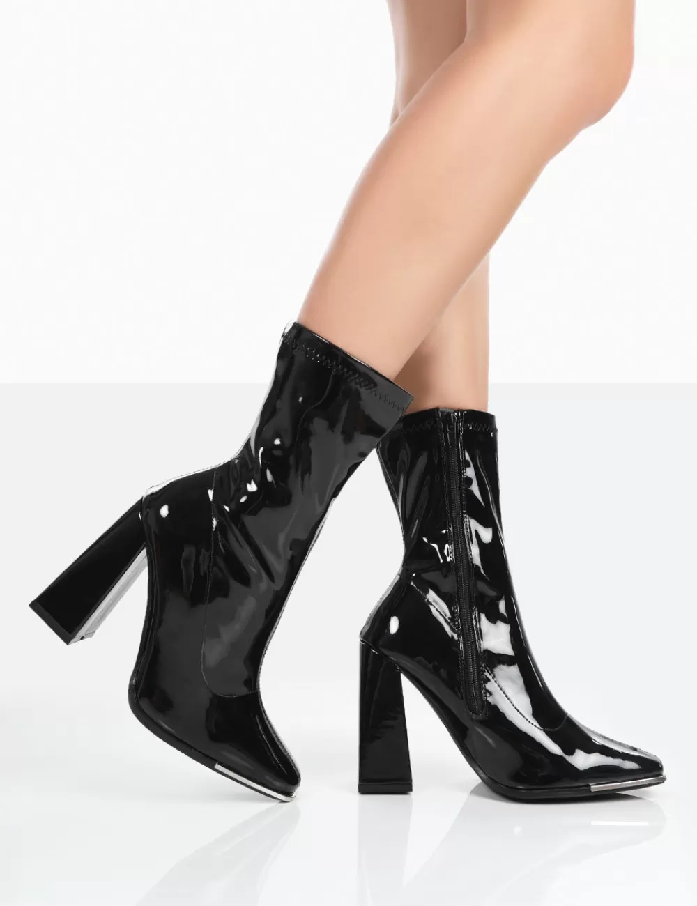 Shop Public Desire Liberty Wide Fit Patent Sock Block Heeled Ankle Boots Black