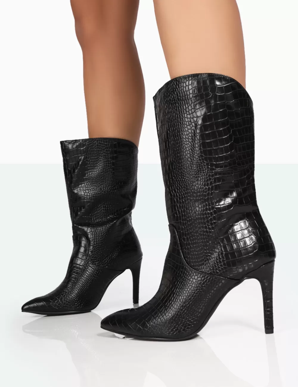 Cheap Public Desire Lisel Wide Fit Croc Pu Pointed Toe Stiletto Heeled Ankle Boots Black