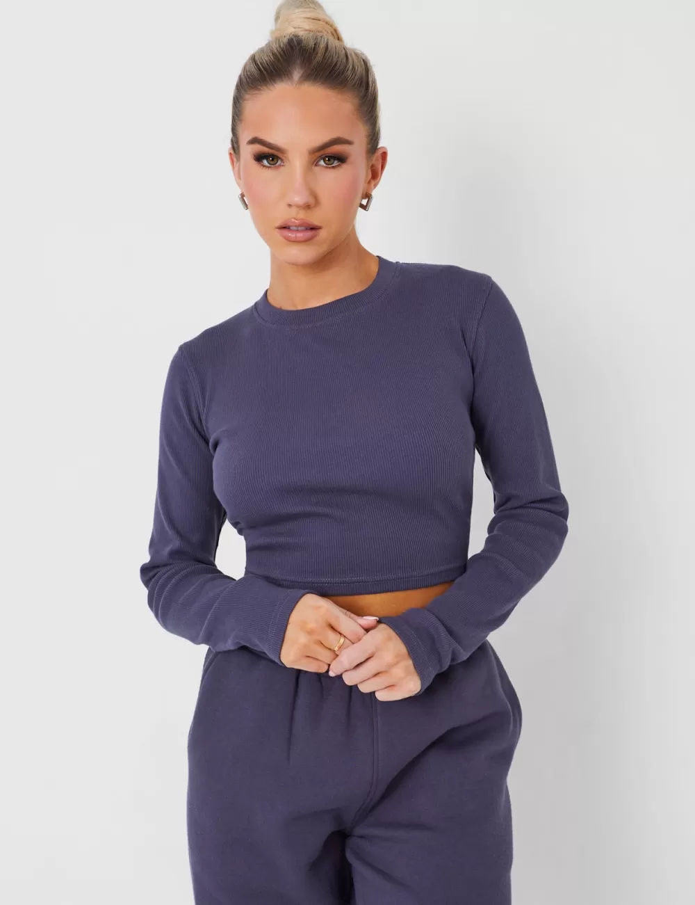 Discount Public Desire Long Sleeve Ribbed Top Dark Grey