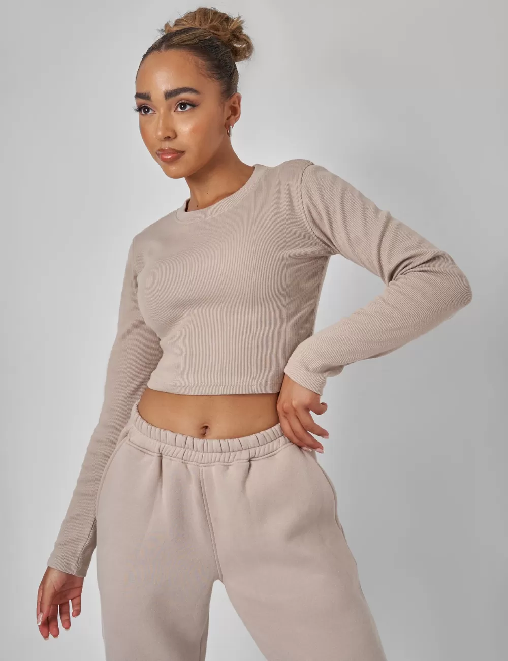 Online Public Desire Long Sleeve Ribbed Top Stone Neutral