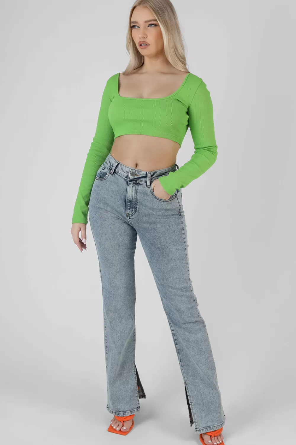 Store Public Desire Long Sleeve Square Neck Crop Top Green