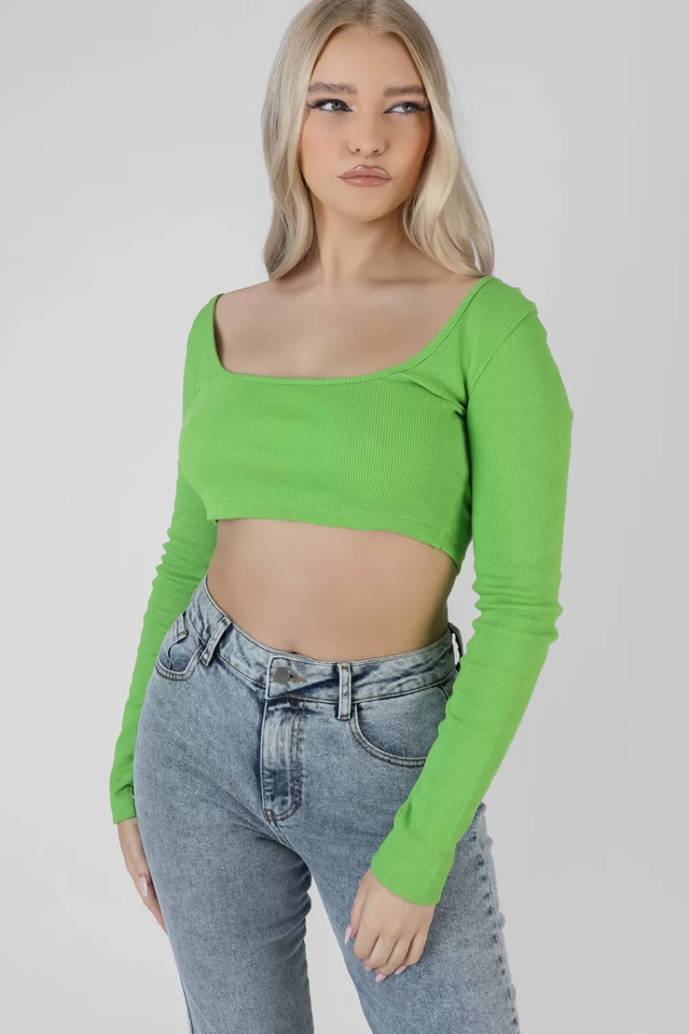 Store Public Desire Long Sleeve Square Neck Crop Top Green