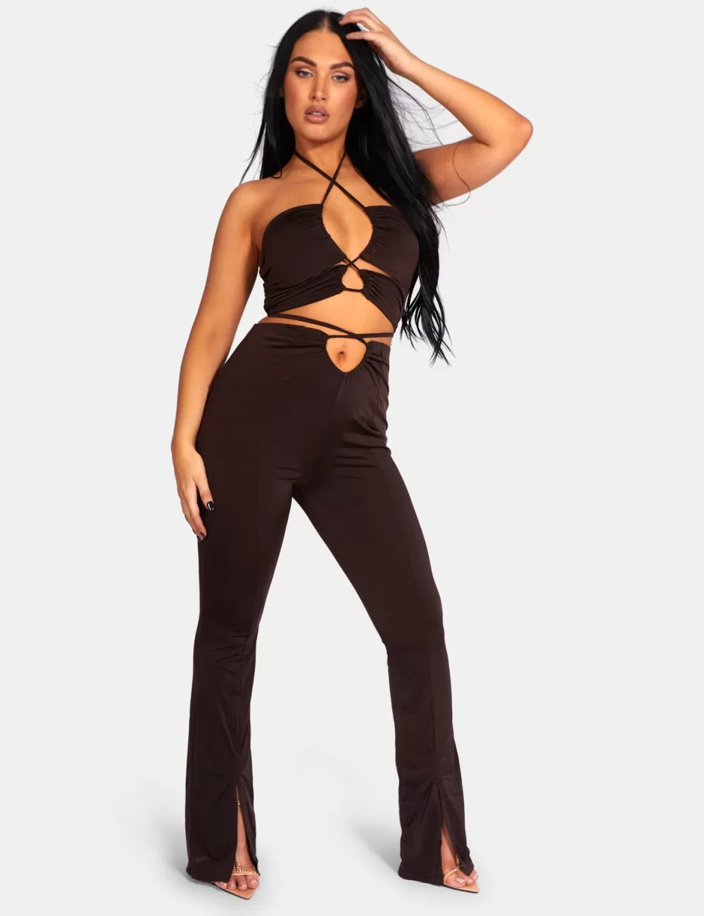 Fashion Public Desire Loop Ruched High Waist Split Trousers Chocolate Brown