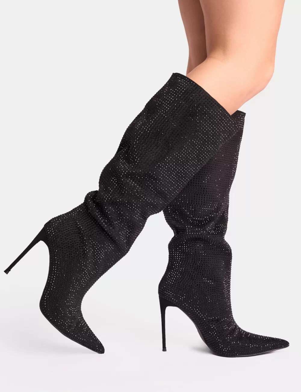 New Public Desire Lothario Diamante Knee High Boots Black