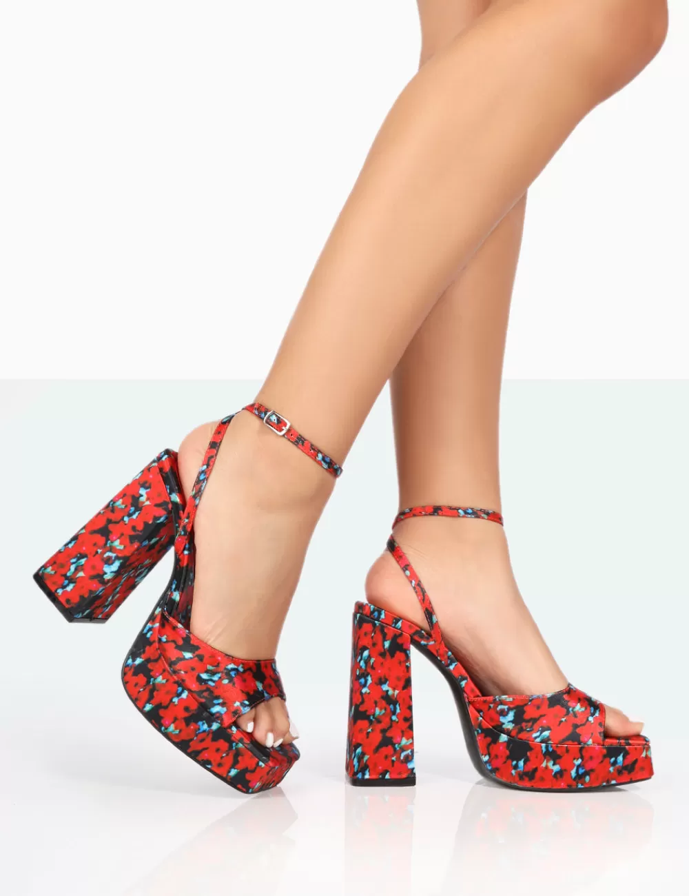 Online Public Desire Lyle Floral Satin Square Toe Block Platform High Heels Red