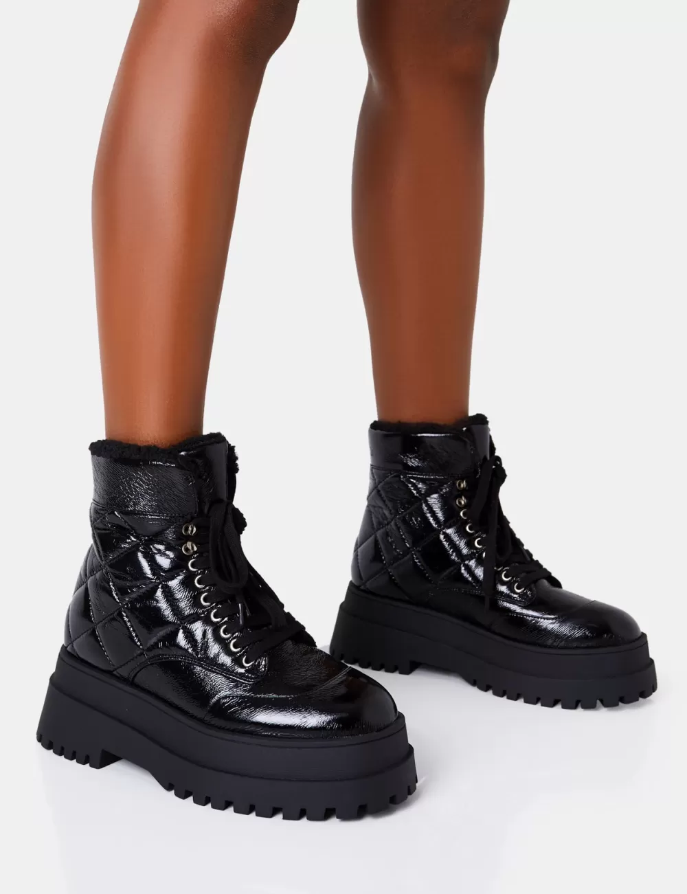 Online Public Desire Magda Black Patent Quilted Chunky Sole Rounded Toe Ankle Boots